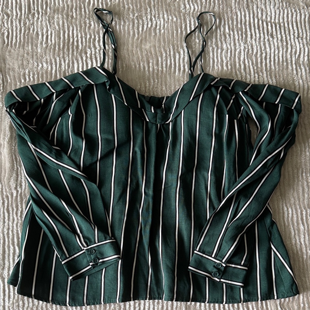 Bardot Dark Green and White Striped Blouse NWT 🏷️